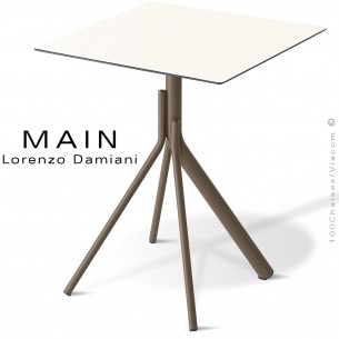 Table repas pour extérieur fantaisie et originale MAIN, piétement 4 branches acier peint plateau carré compact.