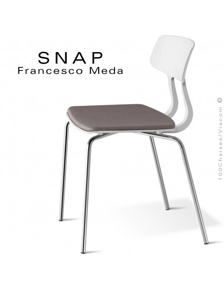 Chaise esprit rétro design SNAP, piétement acier chromé brillant, assise coque plastique couleur blanche avec coussin d'assise.
