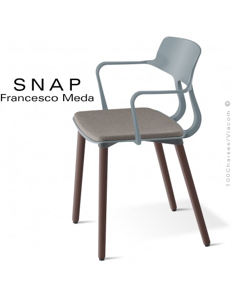 Fauteuil design esprit rétro SNAP, assise coque plastique couleur avec coussin d'assise, piétement 4 pieds bois de hêtre massif.