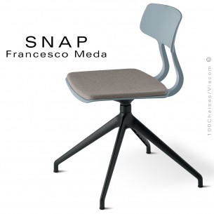 Chaise de bureau design SNAP, piétement aluminium noir, assise pivotante coque plastique gris petit gris avec coussin d'assise.