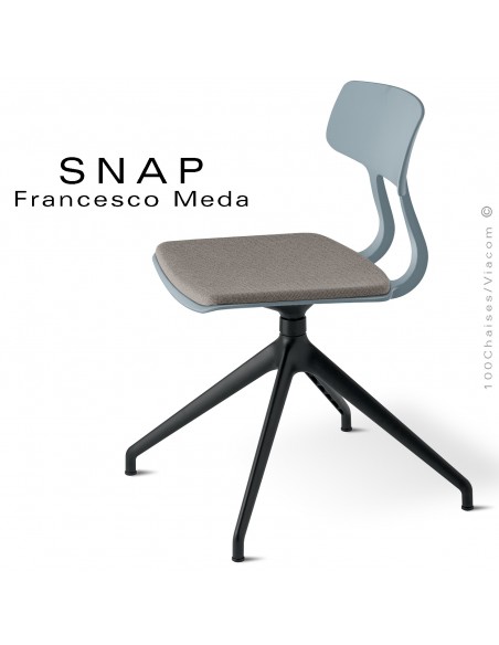 Chaise de bureau design SNAP, piétement aluminium noir, assise pivotante coque plastique gris petit gris avec coussin d'assise.
