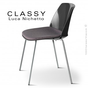 Chaise repas design CLASSY, piétement chromé brillant, assise coque plastique noir, avec coussin d'assise gamme Medley.