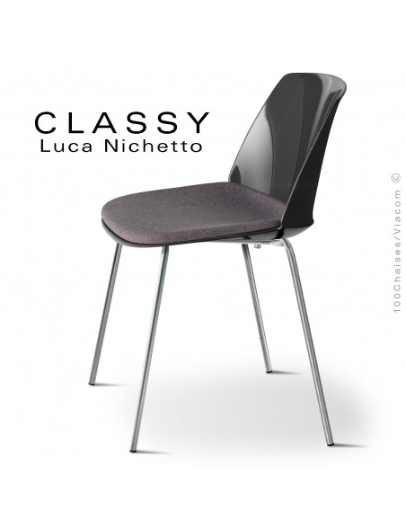 Chaise repas design CLASSY, piétement chromé brillant, assise coque plastique noir, avec coussin d'assise gamme Medley.