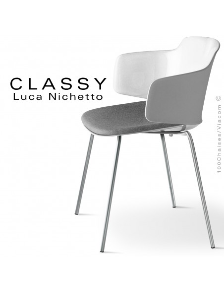 Fauteuil confort Classy, piétement acier peint ou chromé brillant, assise coque plastique couleur avec coussin d'assise.