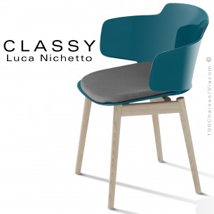 Fauteuil design confort CLASSY, piétement bois de Frêne massif conique vernis gris, assise coque plastique avec coussin tissu.