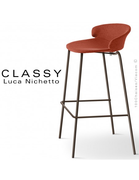Tabouret design confort de bar CLASSY, piétement acier peint ou chromé brillant, assise, dossier mousse habillage tissu Medley.