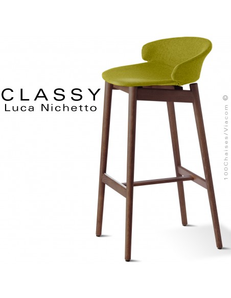 Tabouret de bar design confort, CLASSY, assise avec dossier garnie de mousse, habillage tissu gamme Medley.