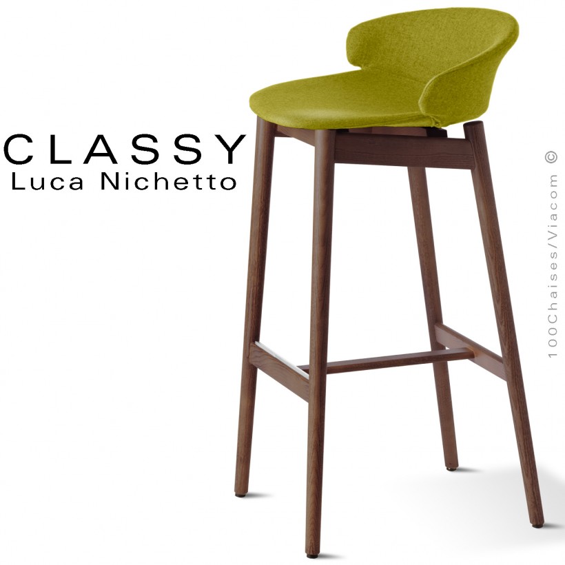 Tabouret de bar design confort, CLASSY, assise avec dossier garnie de mousse, habillage tissu gamme Medley.