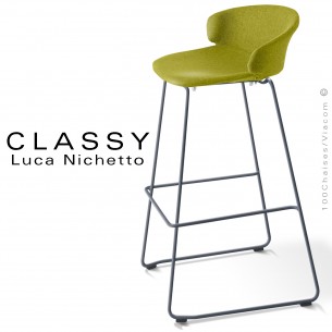 Tabouret de bar confort CLASSY, piétement luge peint anthracite, assise tissu Medley couleur vert.