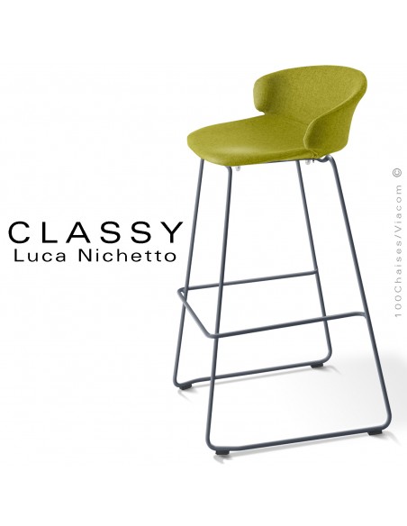 Tabouret de bar confort CLASSY, piétement luge peint anthracite, assise tissu Medley couleur vert.