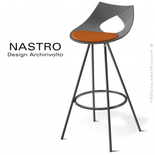 Tabouret de bar ou cuisine design NASTRO, piétement acier peint noir mat, assise anthracite, coussin cuir Tomette.
