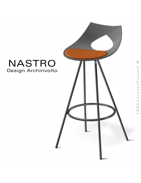 Tabouret de bar ou cuisine design NASTRO, piétement acier peint noir mat, assise anthracite, coussin cuir Tomette.