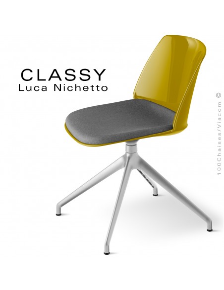 Chaise de bureau CLASSY, piétement aluminium brillant, assise coque plastique curry avec coussin d'assise tissu Medley gris.