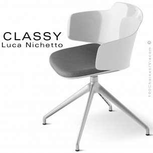 Fauteuil confort de bureau design CLASSY, piétement aluminium noir ou brillant, assise couleur avec coussin tissu Medley.