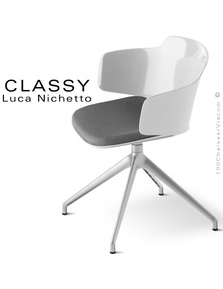 Fauteuil confort de bureau design CLASSY, piétement aluminium noir ou brillant, assise couleur avec coussin tissu Medley.