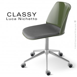 Chaise de bureau confort avec coussin CLASSY, piétement étoile 5 branches avec roulettes, assise plastique avec coussin tissu.