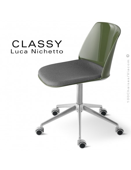 Chaise de bureau confort avec coussin CLASSY, piétement étoile 5 branches avec roulettes, assise plastique avec coussin tissu.