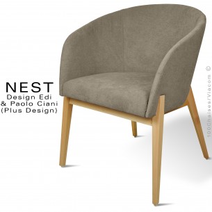 Fauteuil confort NEST, piétement bois massif de hêtre vernis, assise et dossier mousse, habillage tissu tissé gamme LARA.