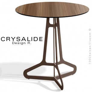 Table design CRTSALIDE, structure acier peint marron mat, plateau Compact aspect bois Chêne Colorado, chant noir.