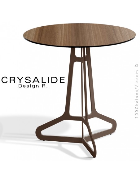 Table design CRTSALIDE, structure acier peint marron mat, plateau Compact aspect bois Chêne Colorado, chant noir.