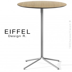 Table bistrot d'extérieur EIFFEL, piétement peint ou chromé brillant, plateau rond Ø60 ou 70 cm., stratifié chêne Alba.