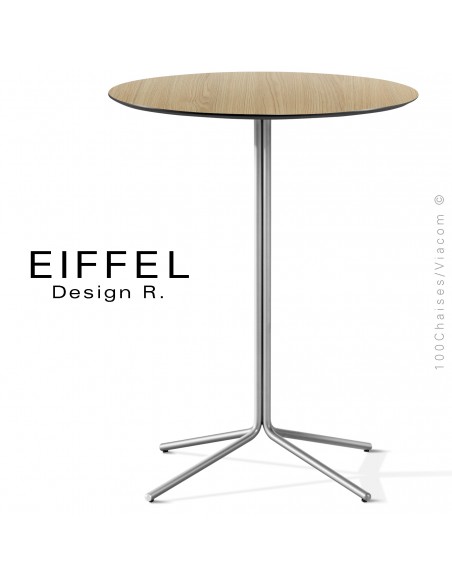Table bistrot d'extérieur EIFFEL, piétement peint ou chromé brillant, plateau rond Ø60 ou 70 cm., stratifié chêne Alba.