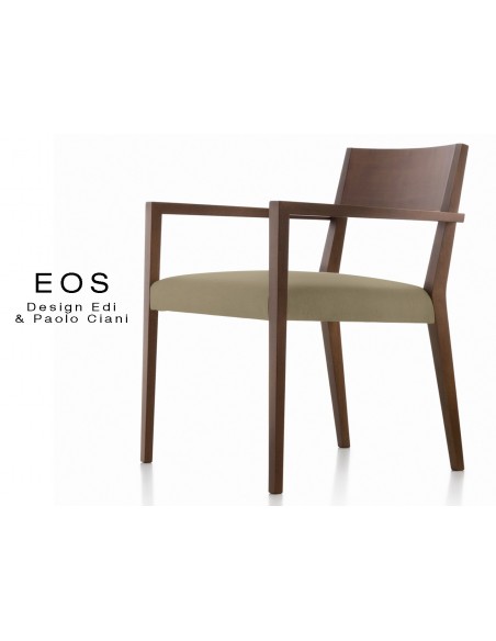 EOS fauteuil design en bois finition vernis acajou, assise capitonnée chanvre.