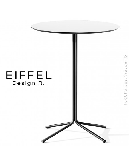 Table design pour extérieur EIFFEL, piétement tube d'acier peint ou chromé brillant, plateau compact couleur monochrome.