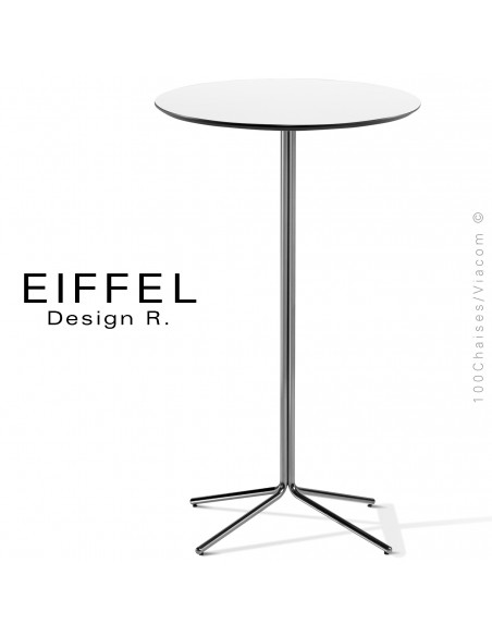 Table haute ou mange debout EIFFEL, piétement acier peint ou chromé brillant, plateau Ø60 cm., stratifié monochrome.