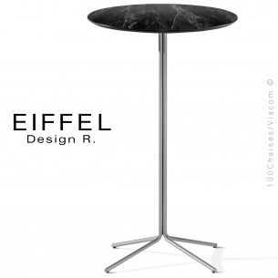 Table haute ou mange debout EIFFEL, piétement acier peint ou chromé, plateau Ø60 cm., aspect matières bois ou pierre.