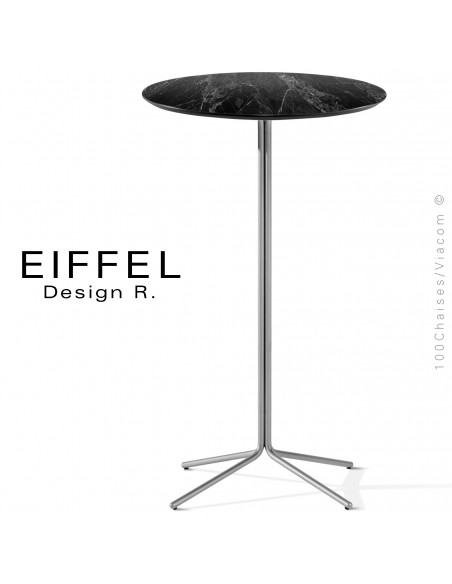 Table haute ou mange debout EIFFEL, piétement acier peint ou chromé, plateau Ø60 cm., aspect matières bois ou pierre.