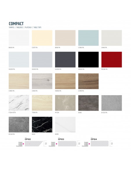 Palette finition plateau Compact, aspect monochrome ou aspect bois et matière (pierre, marbre etc…).