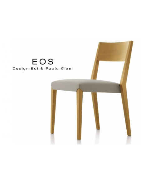 Chaises EOS design en bois, vernis hêtre naturel, assise capitonnée gris.