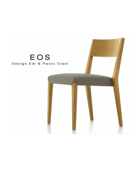 Chaises EOS design en bois, vernis hêtre naturel, assise capitonnée gris foncé.