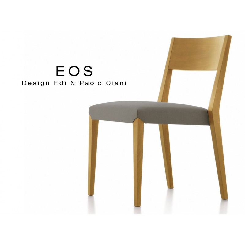 Chaises EOS design en bois, vernis hêtre naturel, assise capitonnée gris foncé.