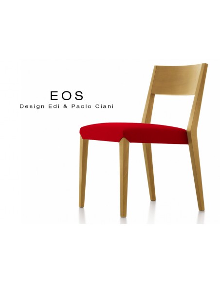 Chaises EOS design en bois, vernis hêtre naturel, assise capitonnée rouge.