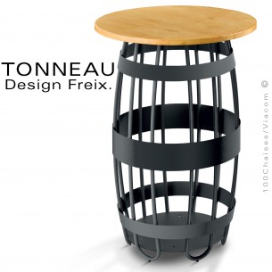 Table TONNEAU, haute pour bistrot, structure tube d'acier peint, plateau bois massif de Pin vernis naturel Ø68 et 80 cm.