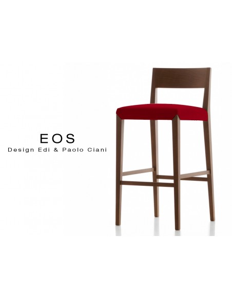 Tabouret EOS design en bois, vernis acajou, assise capitonnée rouge.