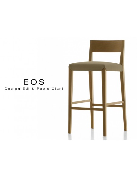 Tabouret EOS design en bois, vernis noyer moyen, assise capitonnée chanvre.