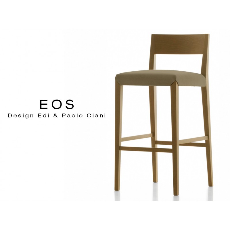 Tabouret EOS design en bois, vernis noyer moyen, assise capitonnée chanvre.
