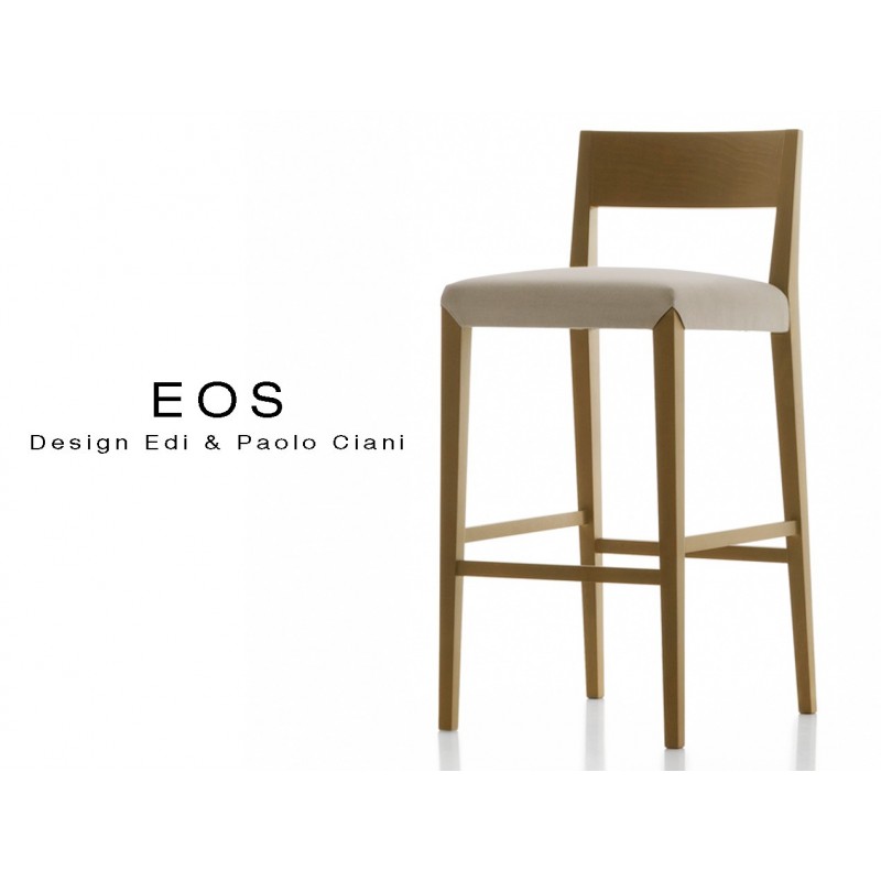 Tabouret EOS design en bois, vernis noyer moyen, assise capitonnée gris.
