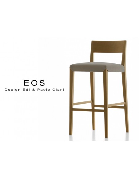 Tabouret EOS design en bois, vernis noyer moyen, assise capitonnée gris foncé.