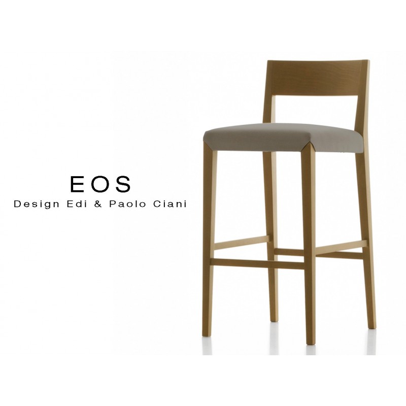 Tabouret EOS design en bois, vernis noyer moyen, assise capitonnée gris foncé.