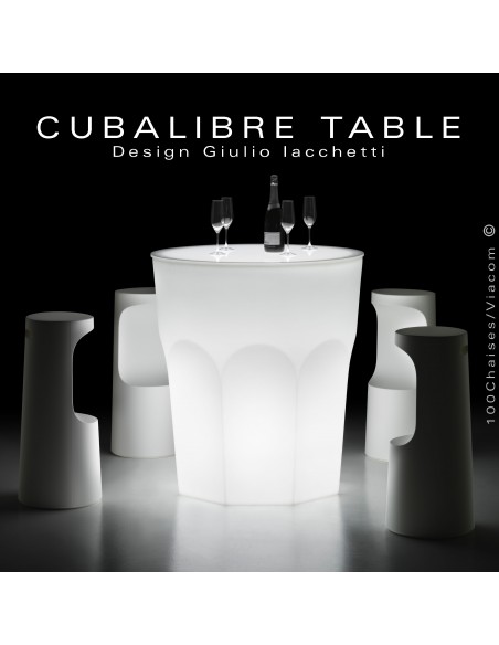 Maxi table haute décorative design lumineux CUBALIBRE, structure plastique, plateau HPL ou méthacrylate neutre.