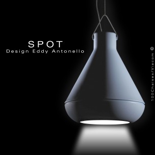 Lampe a poser ou a suspendre SPOT, structure plastique couleur, ampoule LED, câble noir de 9 mètres.
