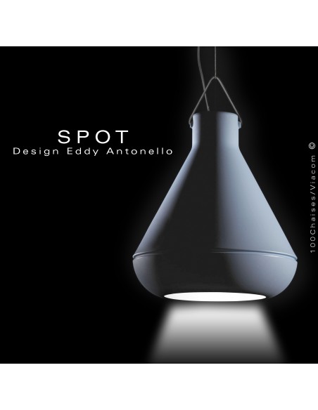 Lampe a poser ou a suspendre SPOT, structure plastique couleur, ampoule LED, câble noir de 9 mètres.