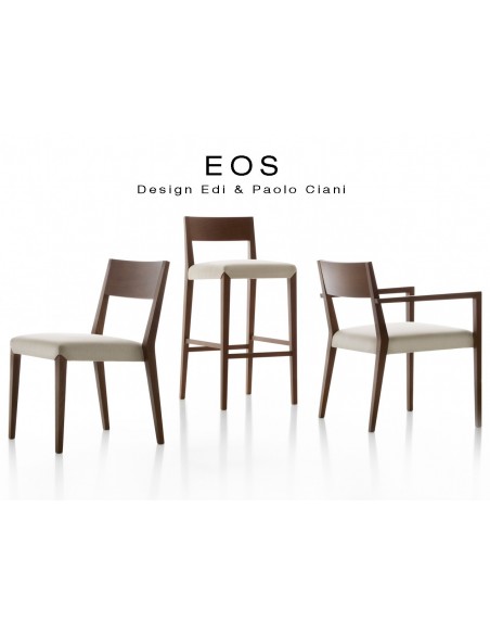 Collection EOS chaise, fauteuil, tabouret design en bois, assise capitonnée tissu Argo-2 dans la gamme "Gabriel".