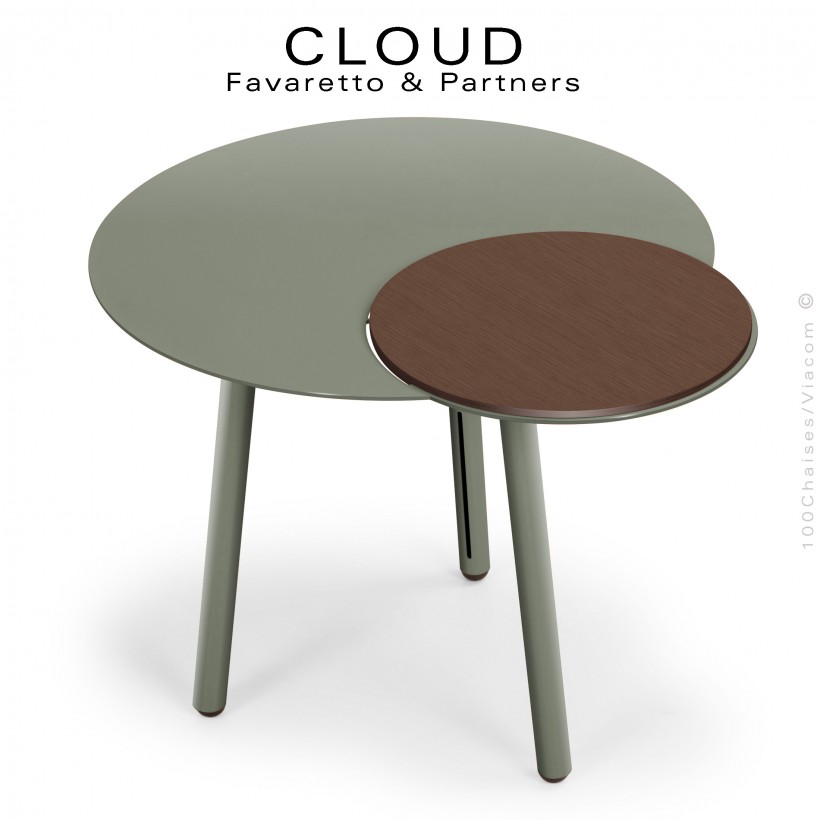 Petite table d'appoint déco design CLOUD, piétement et plateau acier peint,  deuxième plateau amovible bois de chêne vernis.