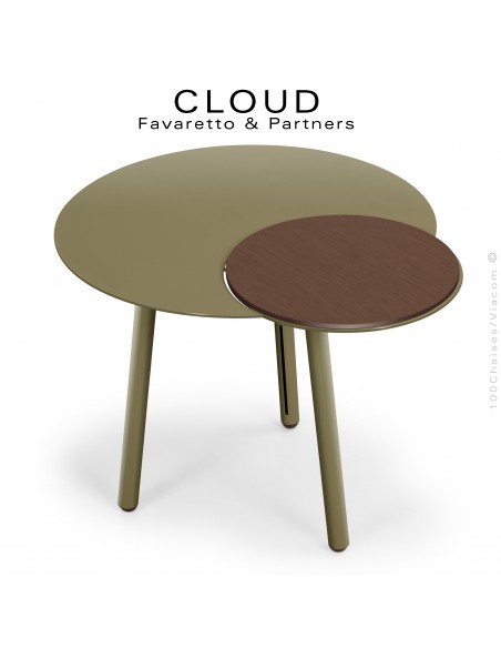 Petite table d'appoint déco et design CLOUD, piétement et plateau acier peint, petit plateau bois amovible chêne.