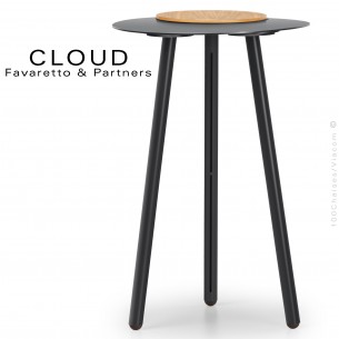 Petite table d'appoint design CLOUD, piétement et plateau acier peint noir, deuxième plateau amovible chêne massif vernis.
